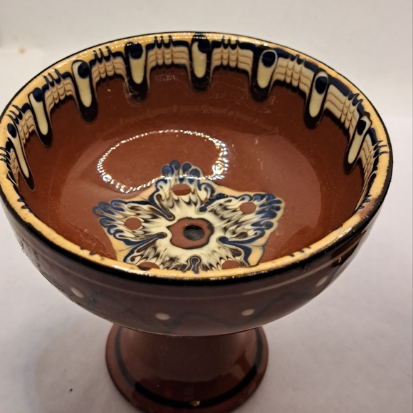 2 Redware Pottery Pedestal Bowl Compote Hand Painted Boho - Picture 6 of 7